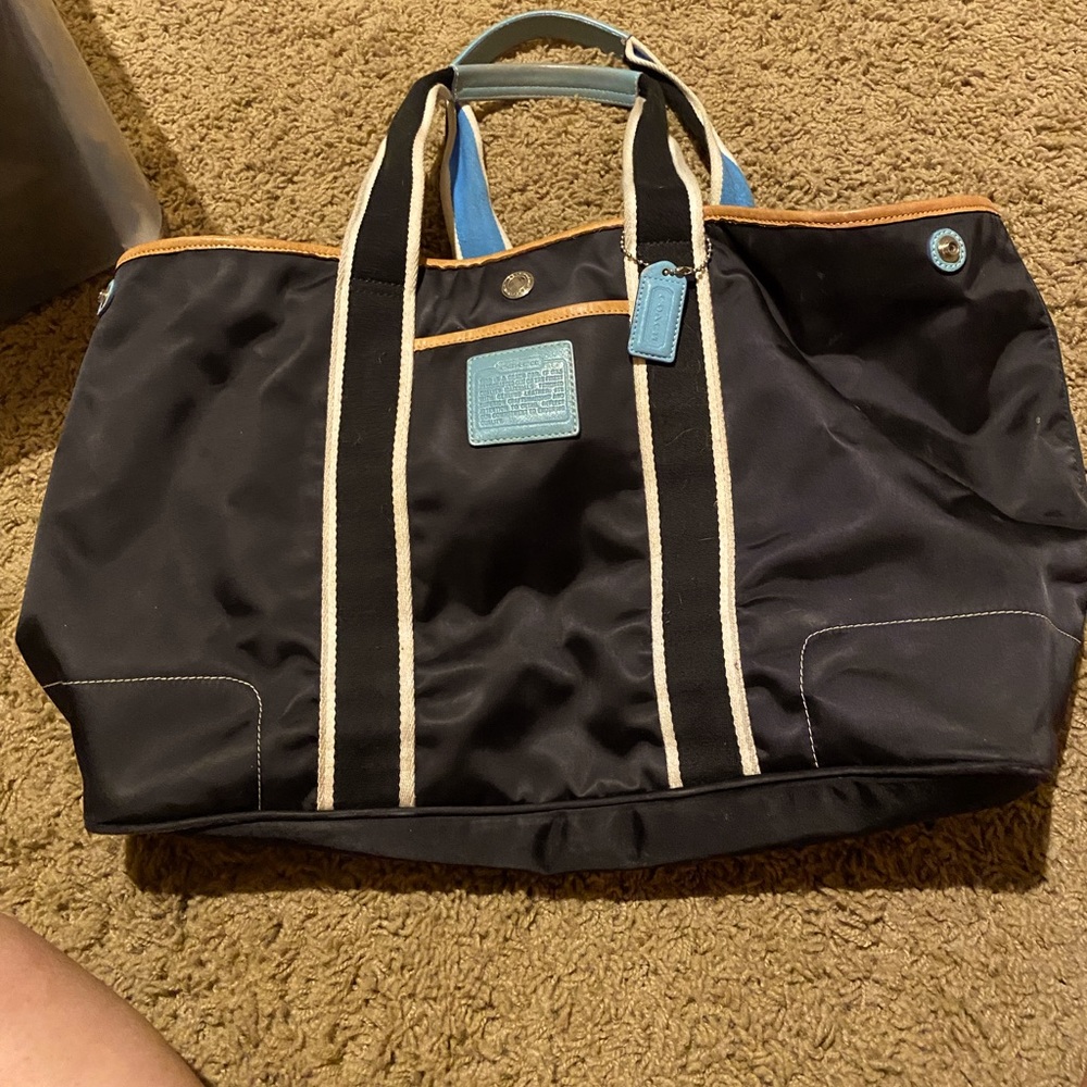 COACH Large Travel Tote Bag Black Turquoise and White